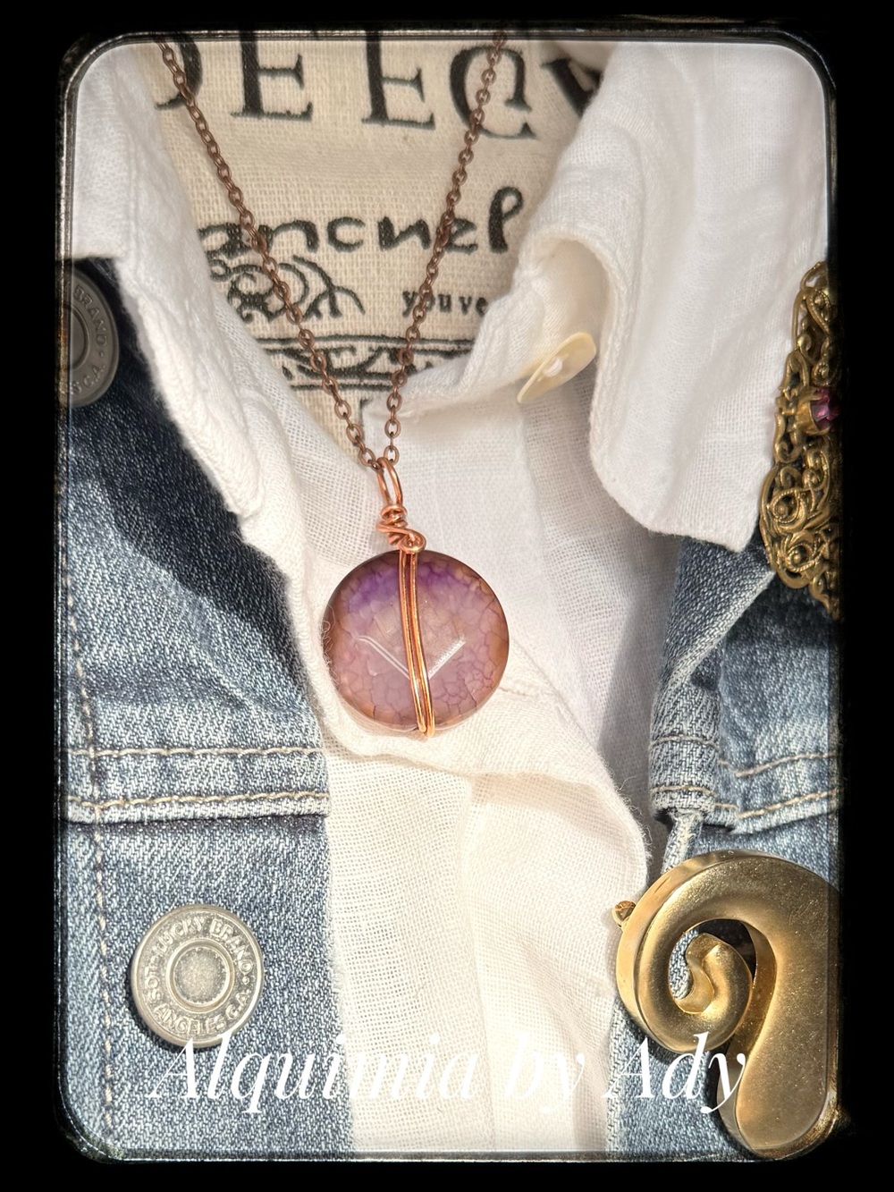 Purple Agate Pendant Necklace with Copper Wire Wrap
